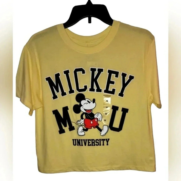 NWT DISNEY Mickey Mouse Women's Yellow Cropped T-shirt Size Medium - Picture 1 of 6